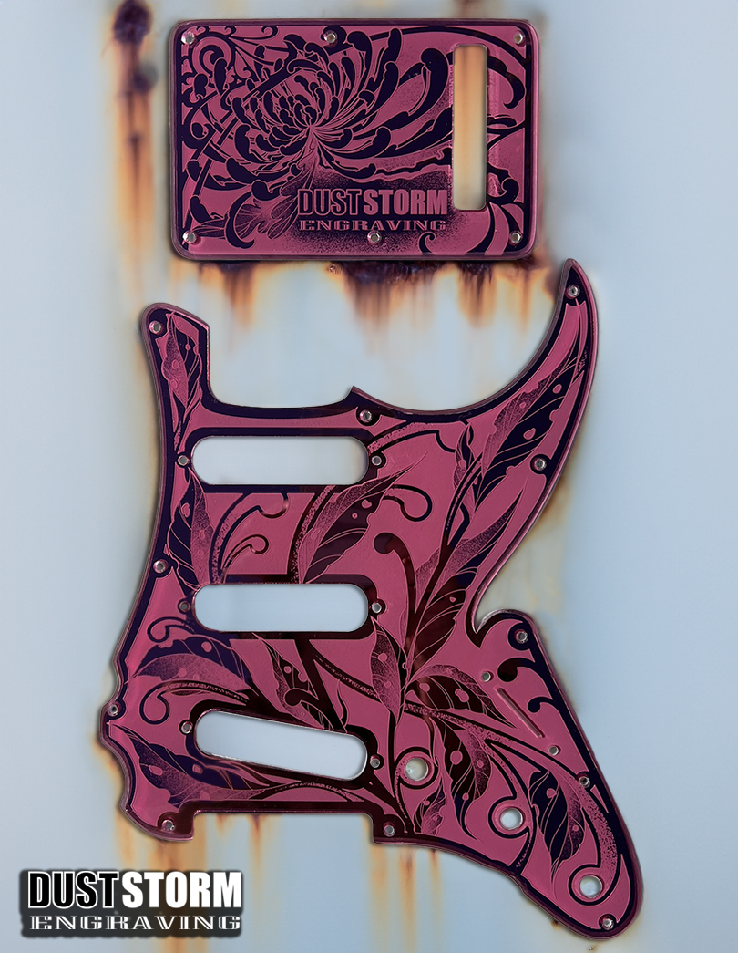 Custom Laser Engraved Pink Fender Strat Style Guitar Body with Pink Acrylic Mirror Pickguard and Tremolo Cover HSH, HSS, SSS Setups Available