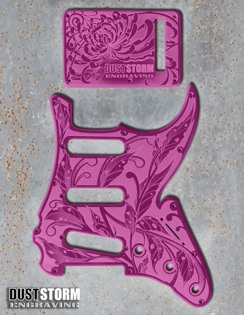 Engraved Pickguard & Free Tremolo Cover in Glossy Acrylic 10 Solid Color Choices Design #3 for Fender Stratocaster HSH, HSS, SSS Setups Available