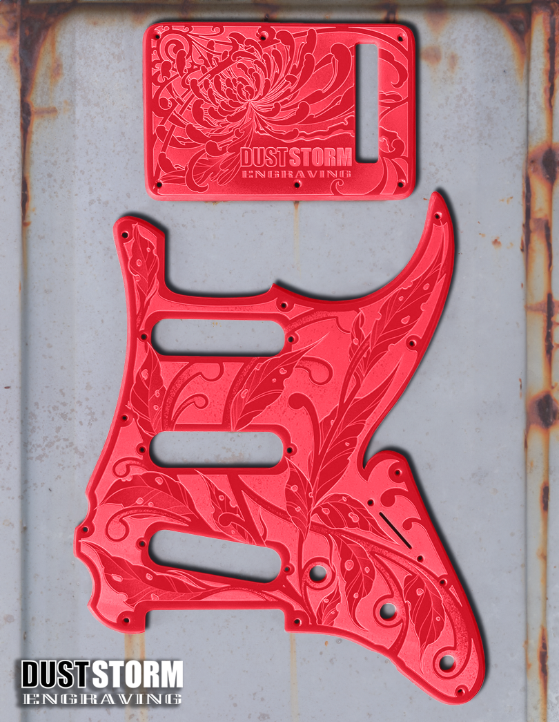 Custom Laser Engraved Pink Fender Strat Style Guitar Body with Glossy Red Acrylic Pickguard and Tremolo Cover HSH, HSS, SSS Setups Available
