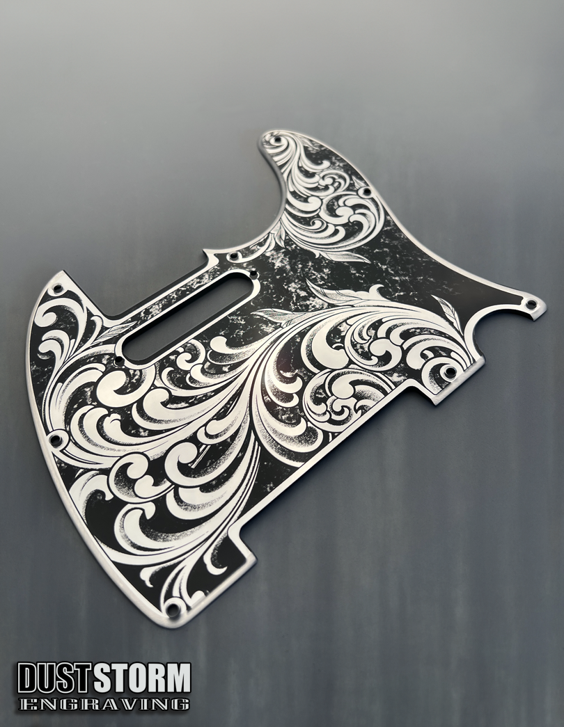 Engraved 8 Hole Pickguard for Fender Telecaster in Silver Patina Acrylic Mirror American/Mexican Tele Guitar Scratch Plate Standard or Humbucker Cut Available