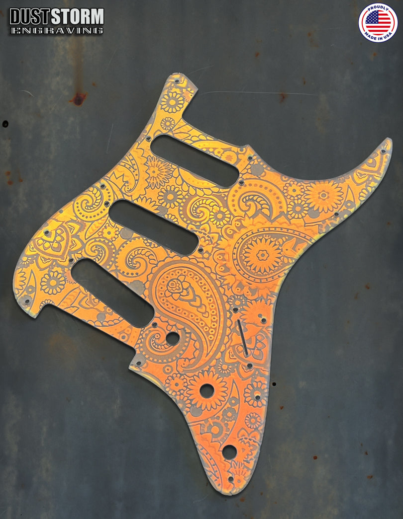 Paisley Pickguard & Free Tremolo Cover Engraved Iridescent Rainbow Acrylic Mirror for Fender Stratocaster SSS, HSS, HSH Setups Available