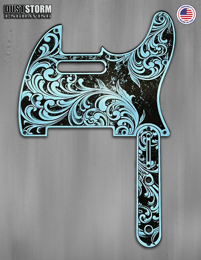 Engraved 8 Hole Pickguard for Fender Telecaster in Blue Patina Acrylic Mirror American/Mexican Tele Guitar Scratch Plate Standard or Humbucker Cut Available