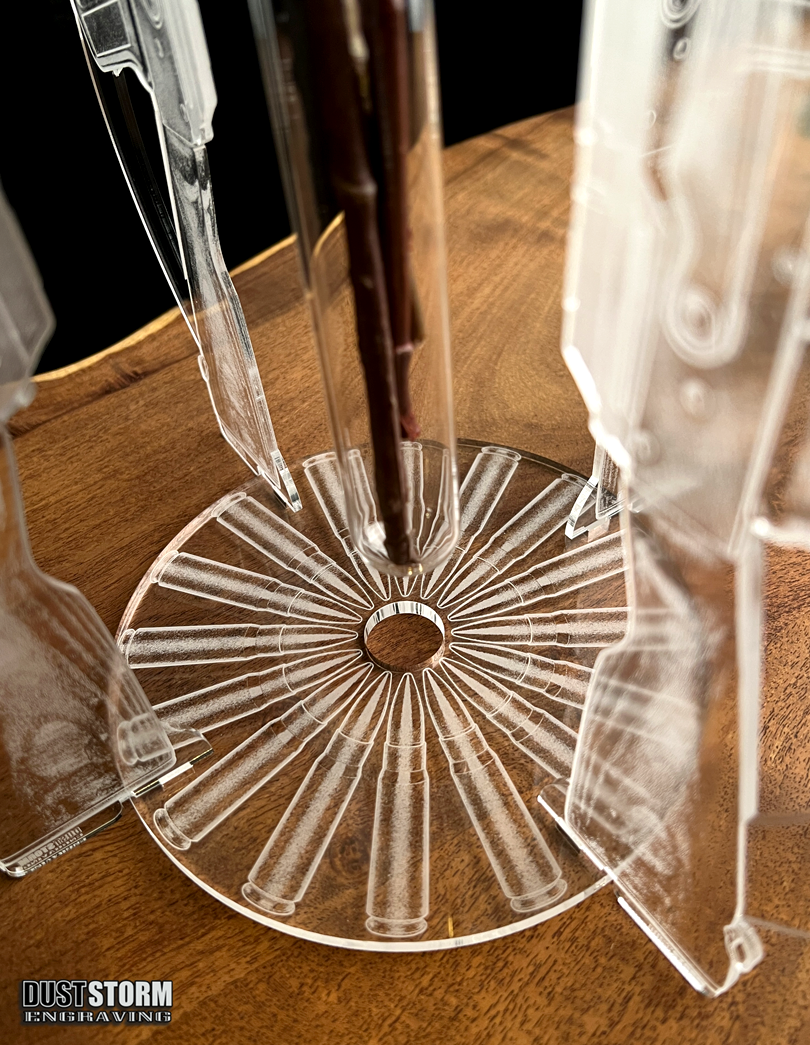 Minimalist Clear Acrylic Bud Vase Engraved AK 47 with Glass Propagation Tube
