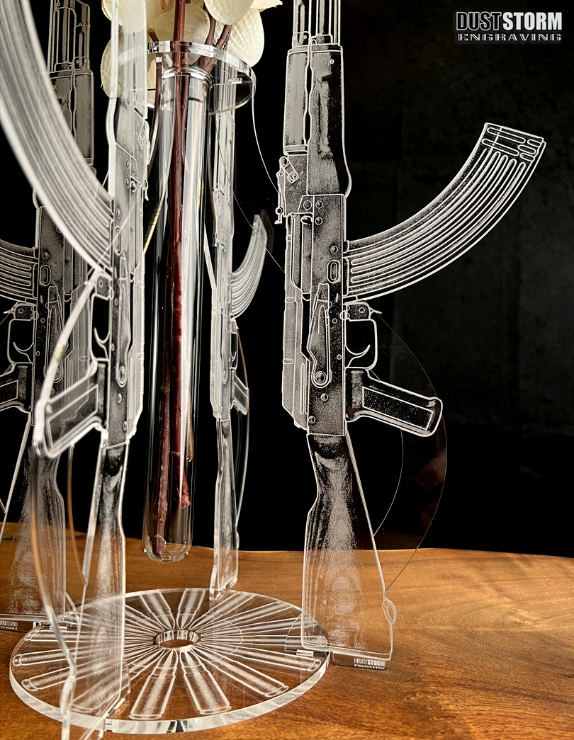 Minimalist Clear Acrylic Bud Vase Engraved AK 47 with Glass Propagation Tube