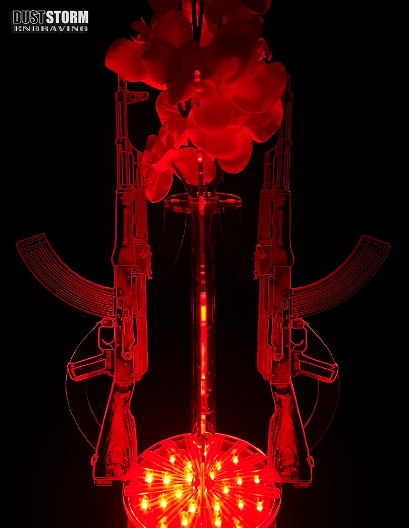 Minimalist Clear Acrylic Bud Vase Engraved AK 47 with Glass Propagation Tube
