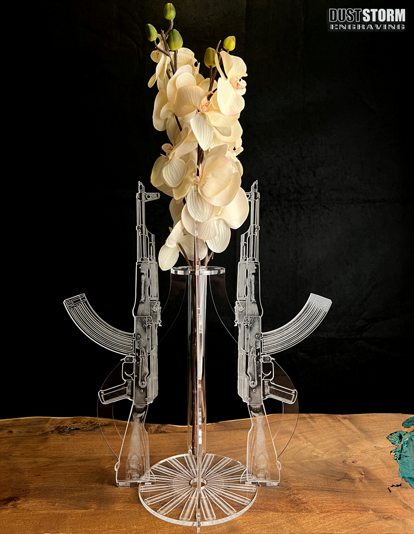 Minimalist Clear Acrylic Bud Vase Engraved AK 47 with Glass Propagation Tube