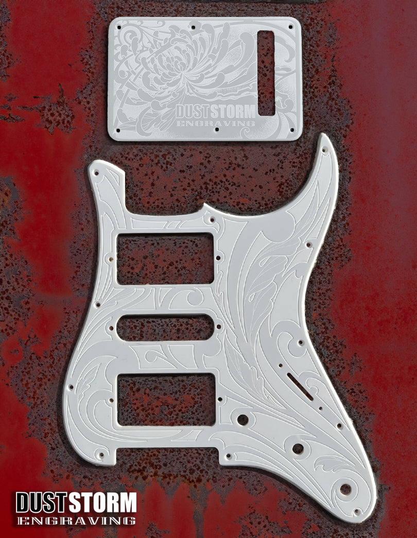 Glossy Black XGP Stratocaster Style Laser Engraved Guitar Body with Solid White Acrylic Pickguard and Tremolo Cover HSH, HSS, SSS Setups Available