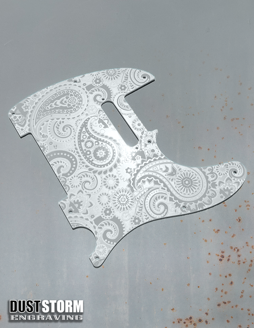 Engraved 8 Hole Paisley Pickguard for Fender Telecaster in Glossy White Acrylic American/Mexican Tele Guitar Scratch Plate Standard or Humbucker Cut Available