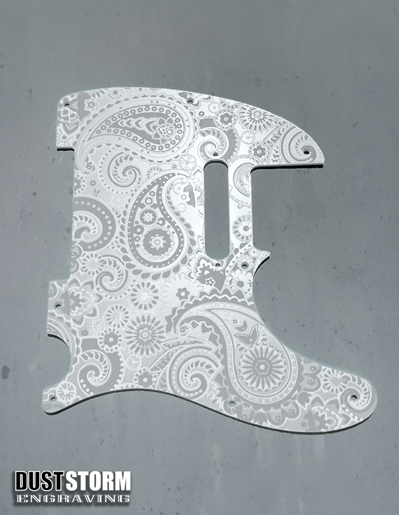 Engraved 8 Hole Paisley Pickguard for Fender Telecaster in Glossy White Acrylic American/Mexican Tele Guitar Scratch Plate Standard or Humbucker Cut Available