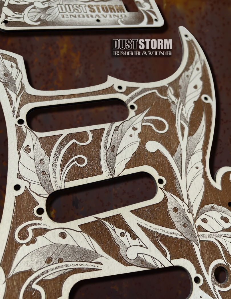 Shell Pink XGP Stratocaster Style Laser Engraved Guitar Body with Cherry Wood Veneer Pickguard and Tremolo Cover HSH, HSS, SSS Setups Available