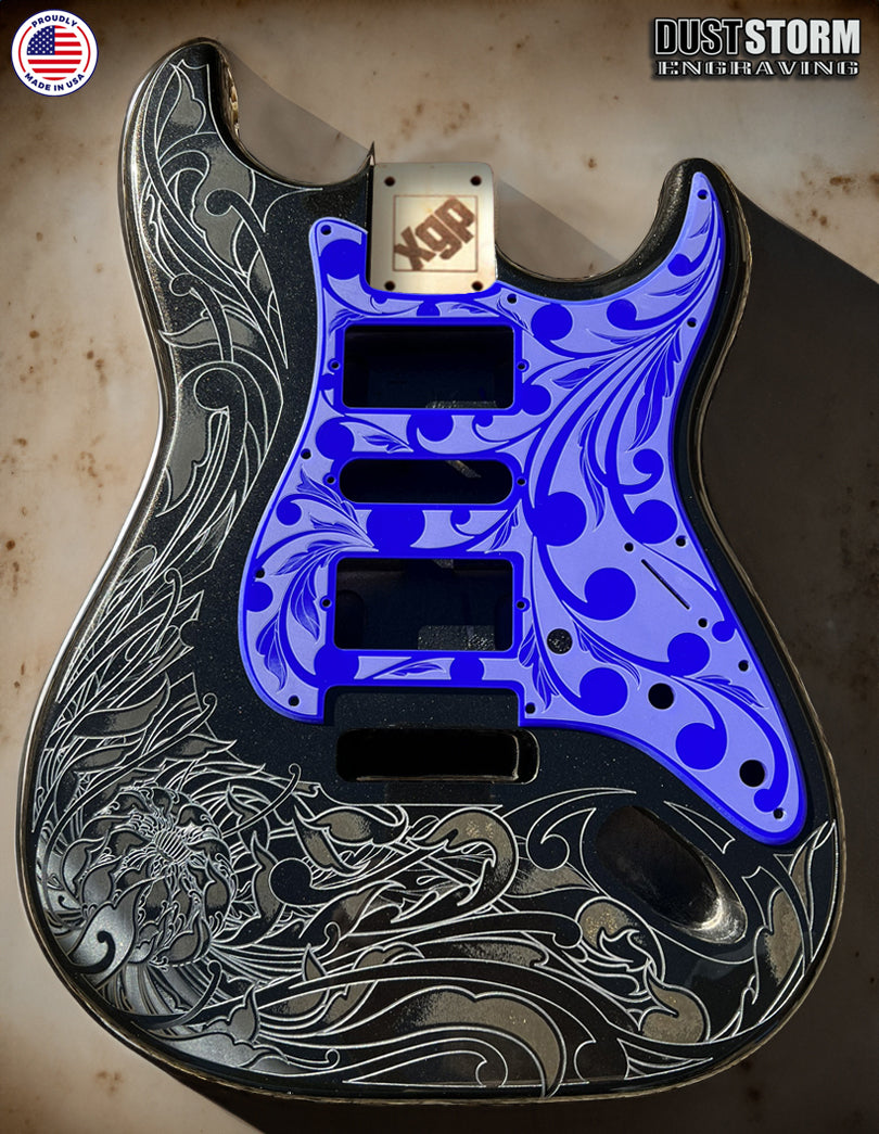 Black Sparkle XGP Stratocaster Style Laser Engraved Guitar Body with Solid Royal Blue Acrylic Pickguard and Tremolo Cover HSH, HSS, SSS Setups Available