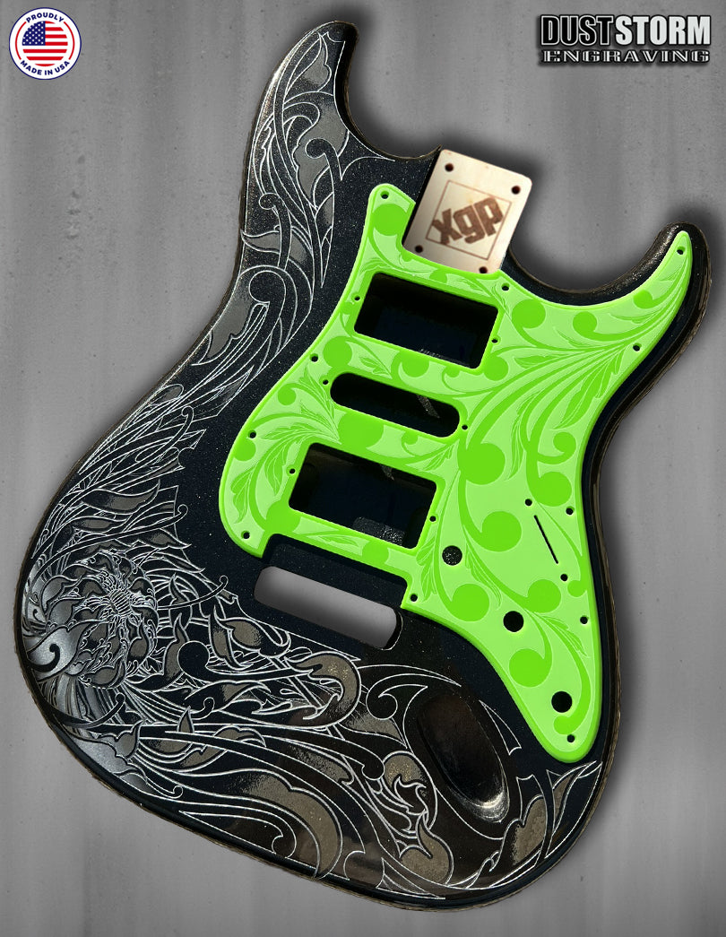 Black Sparkle XGP Stratocaster Style Laser Engraved Guitar Body with Solid Slimer Green Acrylic Pickguard and Tremolo Cover HSH, HSS, SSS Setups Available