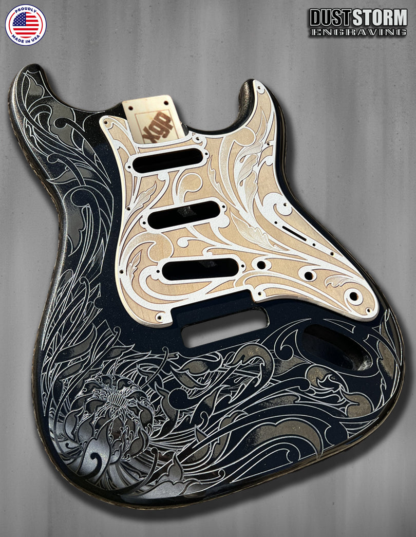 Glossy Black XGP Stratocaster Style Laser Engraved Guitar Body with Cherry Wood Veneer Pickguard and Tremolo Cover HSH, HSS, SSS Setups Available