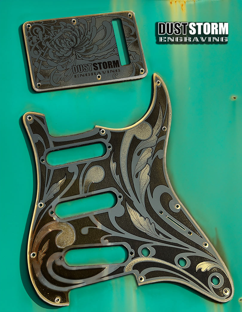 Engraved Pickguard & Free Tremolo Cover in Gold Acrylic Mirror Design #1 for Fender Stratocaster SSS, HSS, HSH Setups Available