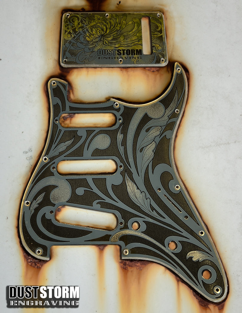Engraved Pickguard & Free Tremolo Cover in Gold Acrylic Mirror Design #1 for Fender Stratocaster SSS, HSS, HSH Setups Available