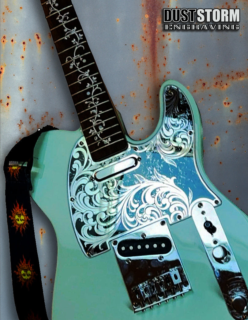 Engraved 8 Hole Pickguard for Fender Telecaster in Silver Patina Acrylic Mirror American/Mexican Tele Guitar Scratch Plate Standard or Humbucker Cut Available