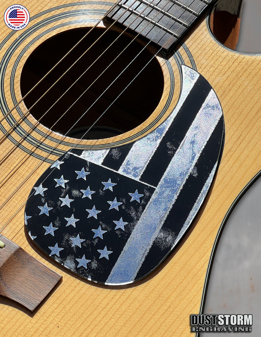 American Flag Acoustic Pickguard – Silver Acrylic Mirror, Laser Engraved, Fits Martin D28 Style Guitars