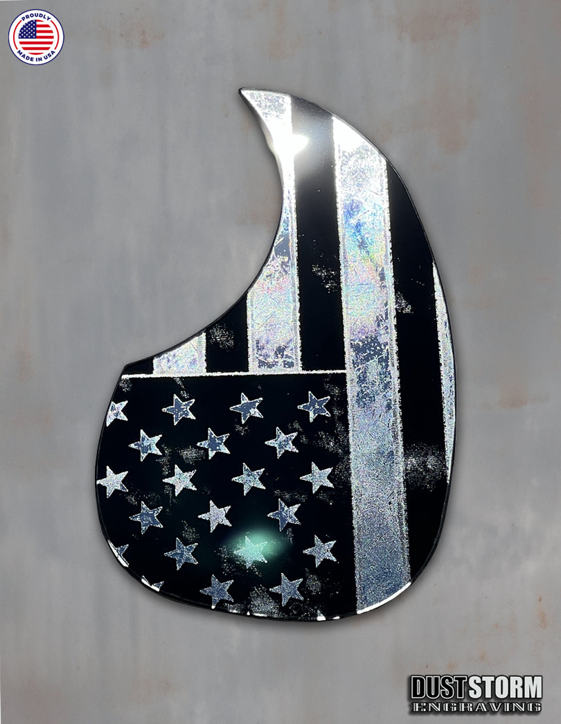American Flag Acoustic Pickguard – Silver Acrylic Mirror, Laser Engraved, Fits Martin D28 Style Guitars