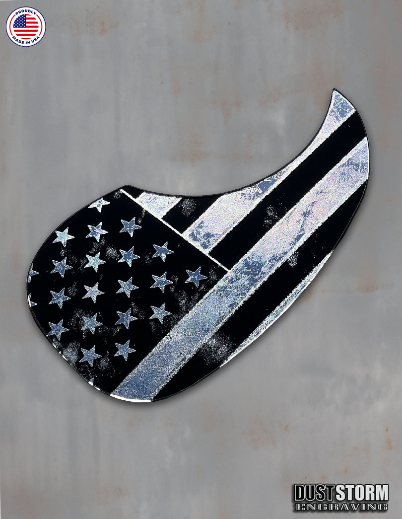 American Flag Acoustic Pickguard – Silver Acrylic Mirror, Laser Engraved, Fits Martin D28 Style Guitars