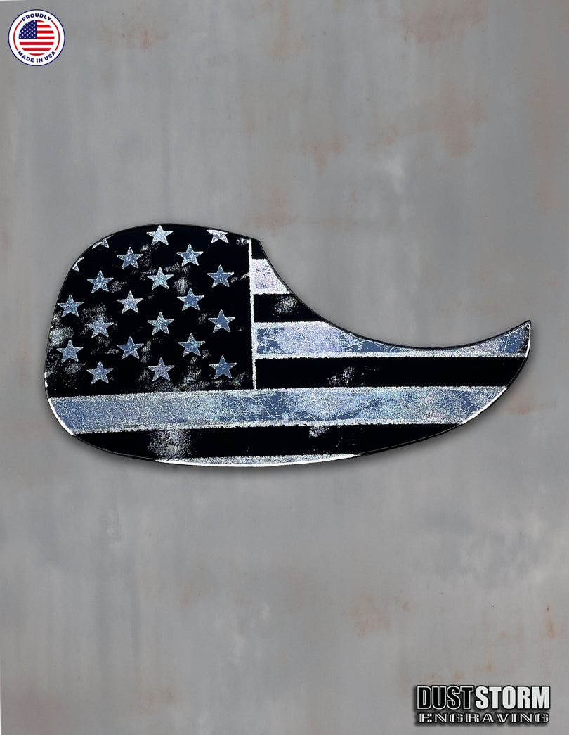 American Flag Acoustic Pickguard – Silver Acrylic Mirror, Laser Engraved, Fits Martin D28 Style Guitars