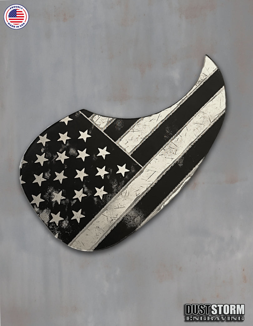 American Flag Acoustic Pickguard – Silver Acrylic Mirror, Laser Engraved, Fits Martin D28 Style Guitars