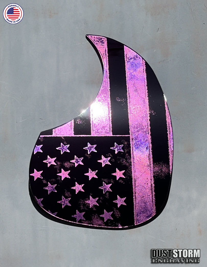 American Flag Acoustic Pickguard – Pink Acrylic Mirror, Laser Engraved, Fits Martin D28 Style Guitars