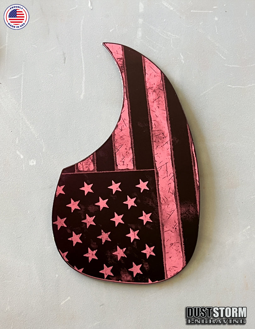 American Flag Acoustic Pickguard – Pink Acrylic Mirror, Laser Engraved, Fits Martin D28 Style Guitars