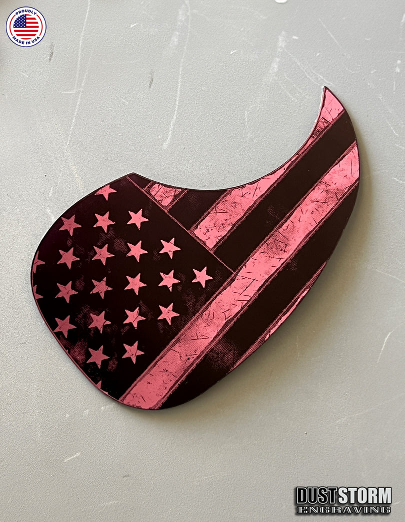 American Flag Acoustic Pickguard – Pink Acrylic Mirror, Laser Engraved, Fits Martin D28 Style Guitars