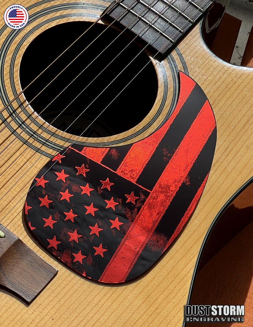 American Flag Acoustic Pickguard – Red Acrylic Mirror, Laser Engraved, Fits Martin D28 Style Guitars