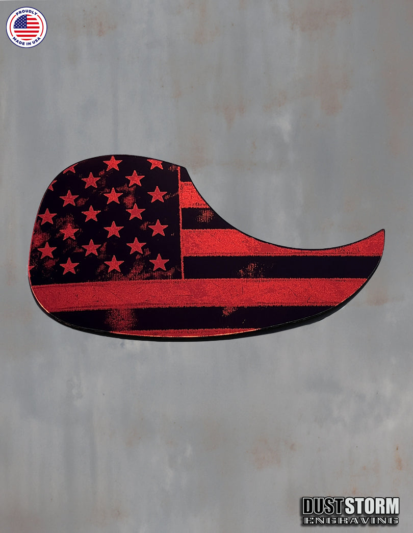American Flag Acoustic Pickguard – Red Acrylic Mirror, Laser Engraved, Fits Martin D28 Style Guitars