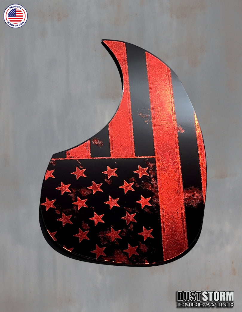 American Flag Acoustic Pickguard – Red Acrylic Mirror, Laser Engraved, Fits Martin D28 Style Guitars