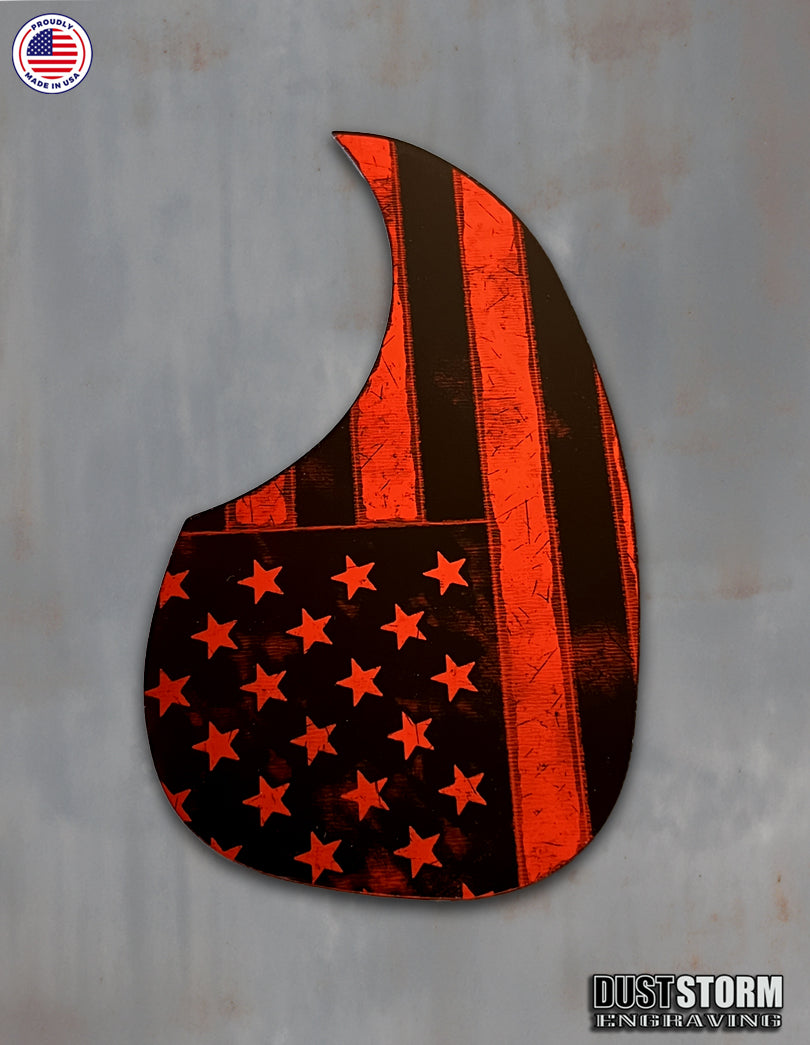 American Flag Acoustic Pickguard – Red Acrylic Mirror, Laser Engraved, Fits Martin D28 Style Guitars