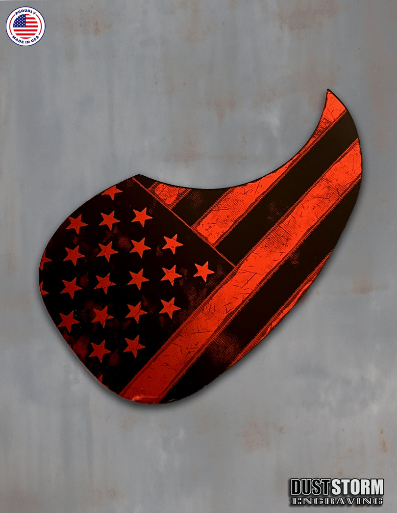American Flag Acoustic Pickguard – Red Acrylic Mirror, Laser Engraved, Fits Martin D28 Style Guitars