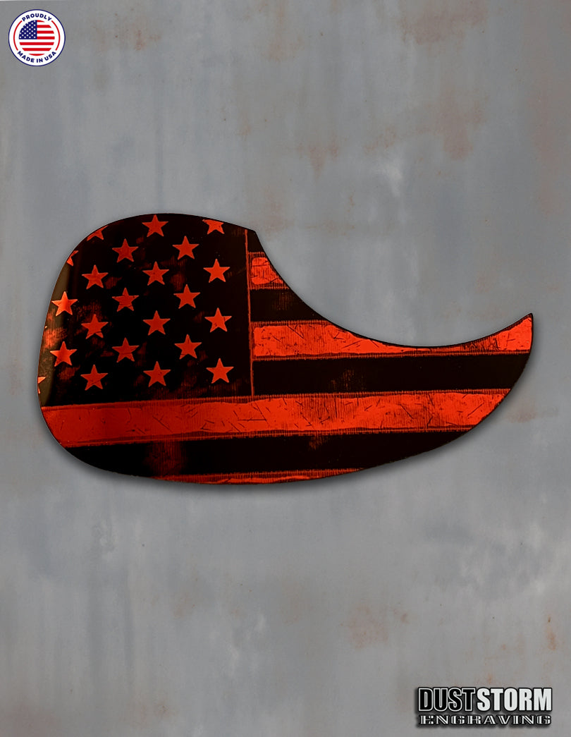 American Flag Acoustic Pickguard – Red Acrylic Mirror, Laser Engraved, Fits Martin D28 Style Guitars