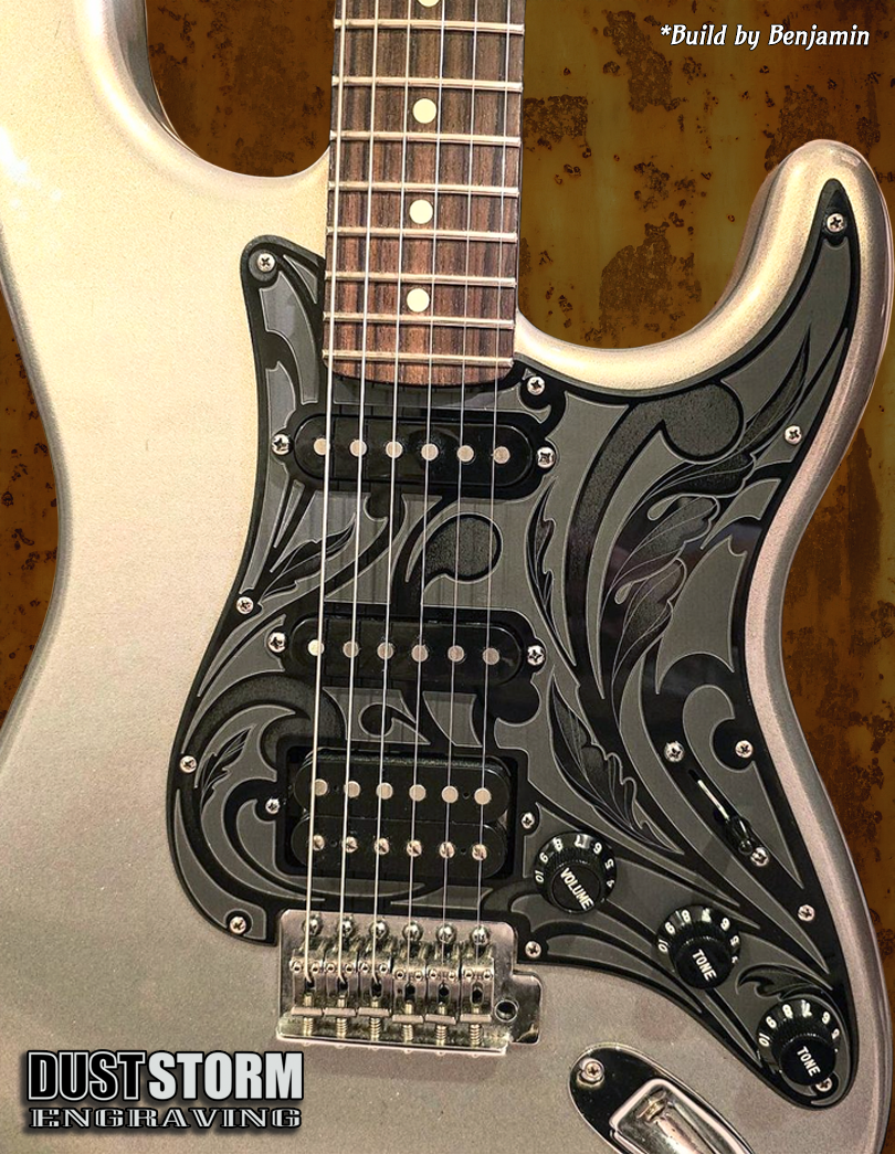 Engraved Pickguard & Free Tremolo Cover in Glossy Acrylic Black Design #1b for Fender Stratocaster HSH, HSS, SSS Setups Available