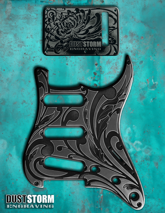 Engraved Pickguard & Free Tremolo Cover in Glossy Acrylic Black Design #1b for Fender Stratocaster HSH, HSS, SSS Setups Available