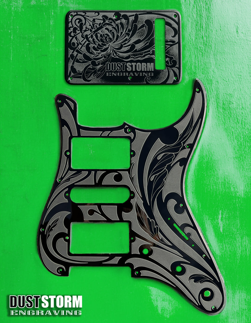 Black Sparkle XGP Stratocaster Style Laser Engraved Guitar Body with Solid Black Acrylic Pickguard and Tremolo Cover HSH, HSS, SSS Setups Available