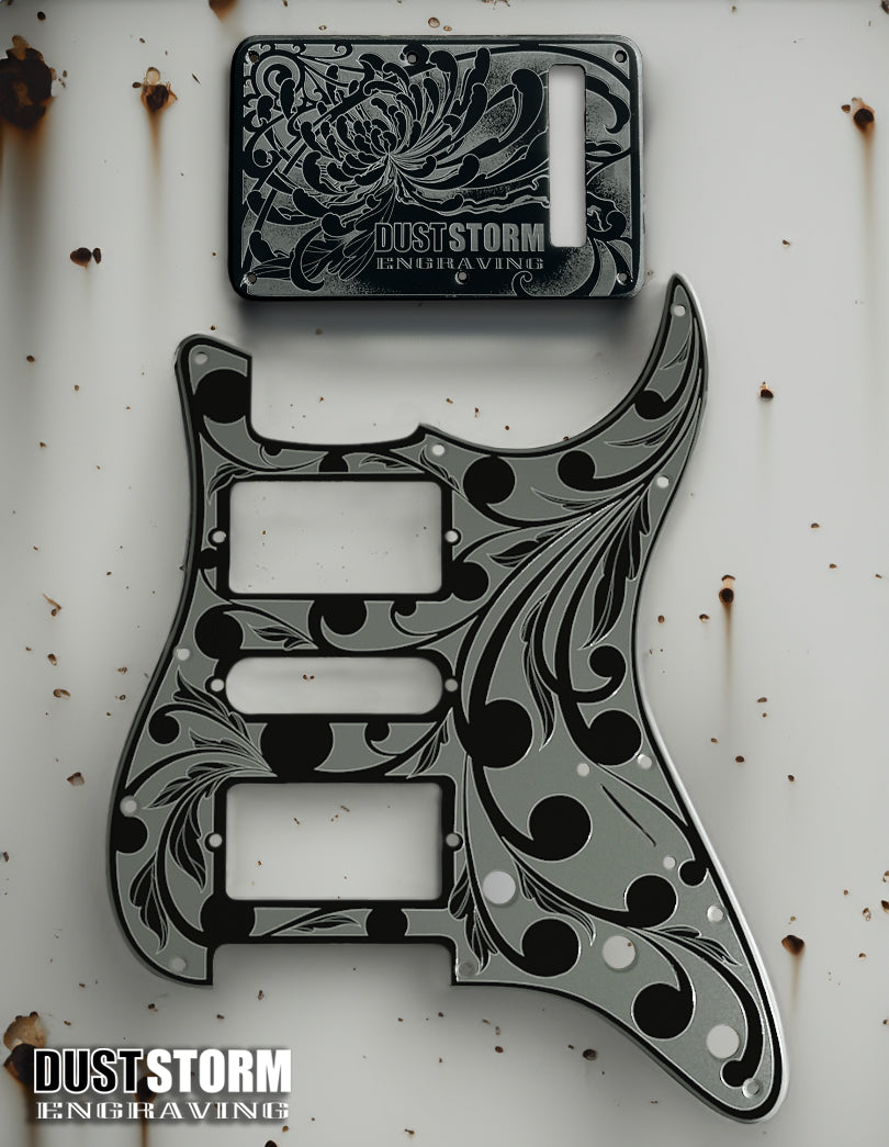Engraved Pickguard & Free Tremolo Cover in Glossy Acrylic Black Design #2 for Fender Stratocaster HSH, HSS, SSS Setups Available