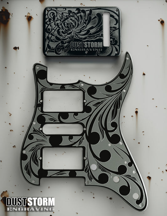Engraved Pickguard & Free Tremolo Cover in Glossy Acrylic Black Design #2 for Fender Stratocaster HSH, HSS, SSS Setups Available