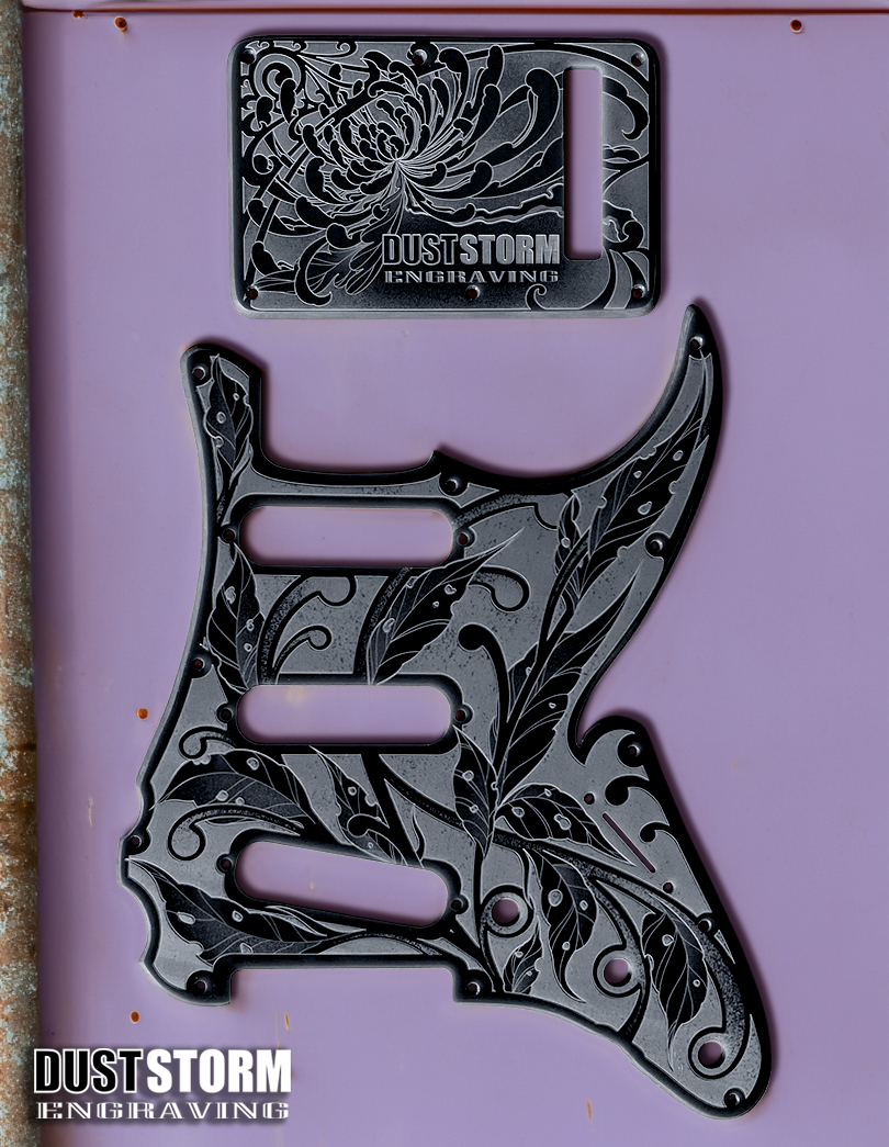 Custom Laser Engraved Pink Fender Strat Style Guitar Body with Glossy Black Acrylic Pickguard and Tremolo Cover HSH, HSS, SSS Setups Available