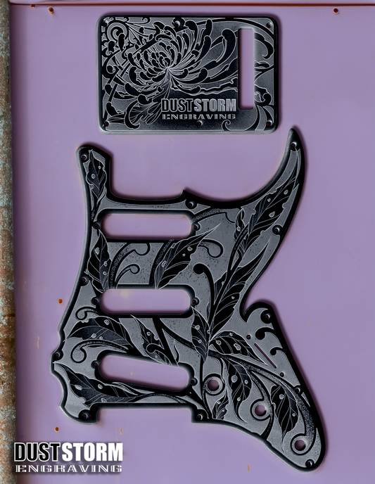 Engraved Pickguard & Free Tremolo Cover in Glossy Black Acrylic Design #3 for Fender Stratocaster HSH, HSS, SSS Setups Available