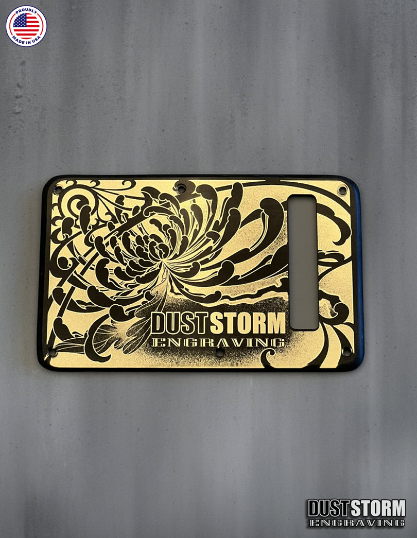 Engraved Layered Pickguard with Tremolo Cover in Acrylic Gold Mirror with Glossy Black for Fender Stratocaster HSH, HSS, SSS Setups Available