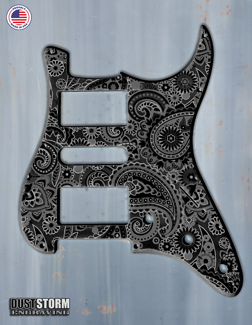 Engraved Paisley Pickguard and Tremolo Cover for Fender Stratocaster in Glossy Acrylic, 12 Solid Color Choices, HSH, HSS, SSS Setups Available