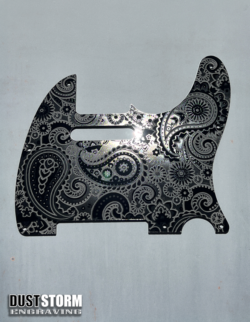 Engraved 8 Hole Paisley Pickguard for Fender Telecaster in Glossy Black Acrylic American/Mexican Tele Guitar Scratch Plate Standard or Humbucker Cut Available