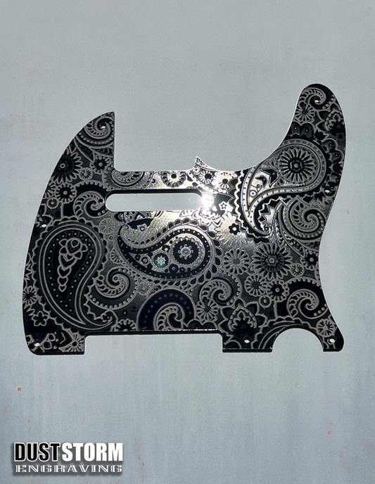 Engraved 8 Hole Paisley Pickguard for Fender Telecaster in Glossy Black Acrylic American/Mexican Tele Guitar Scratch Plate Standard or Humbucker Cut Available