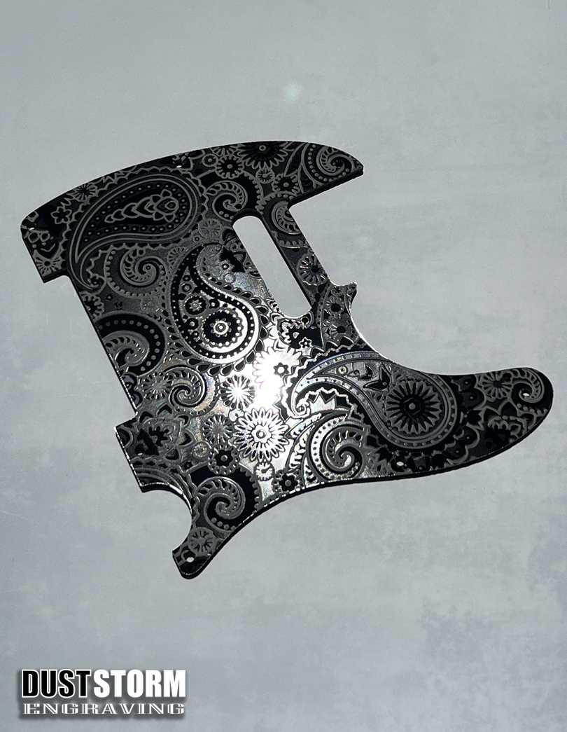 Engraved 8 Hole Paisley Pickguard for Fender Telecaster in Glossy Black Acrylic American/Mexican Tele Guitar Scratch Plate Standard or Humbucker Cut Available
