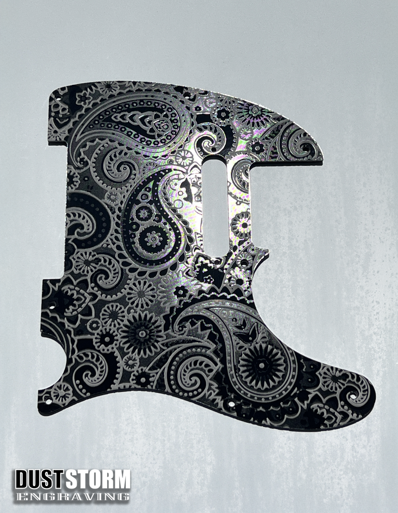 Engraved 8 Hole Paisley Pickguard for Fender Telecaster in Glossy Black Acrylic American/Mexican Tele Guitar Scratch Plate Standard or Humbucker Cut Available