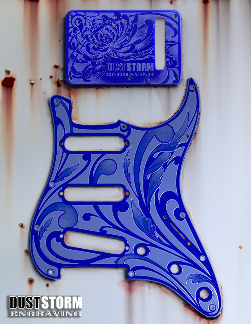 Engraved Pickguard & Free Tremolo Cover in Glossy Acrylic 10 Solid Color Choices Design #1 for Fender Stratocaster HSH, HSS, SSS Setups Available