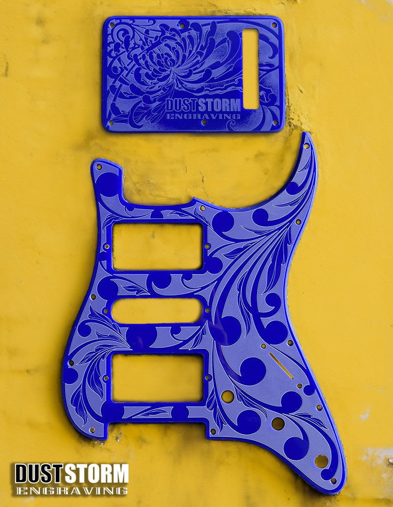 Black Sparkle XGP Stratocaster Style Laser Engraved Guitar Body with Solid Royal Blue Acrylic Pickguard and Tremolo Cover HSH, HSS, SSS Setups Available