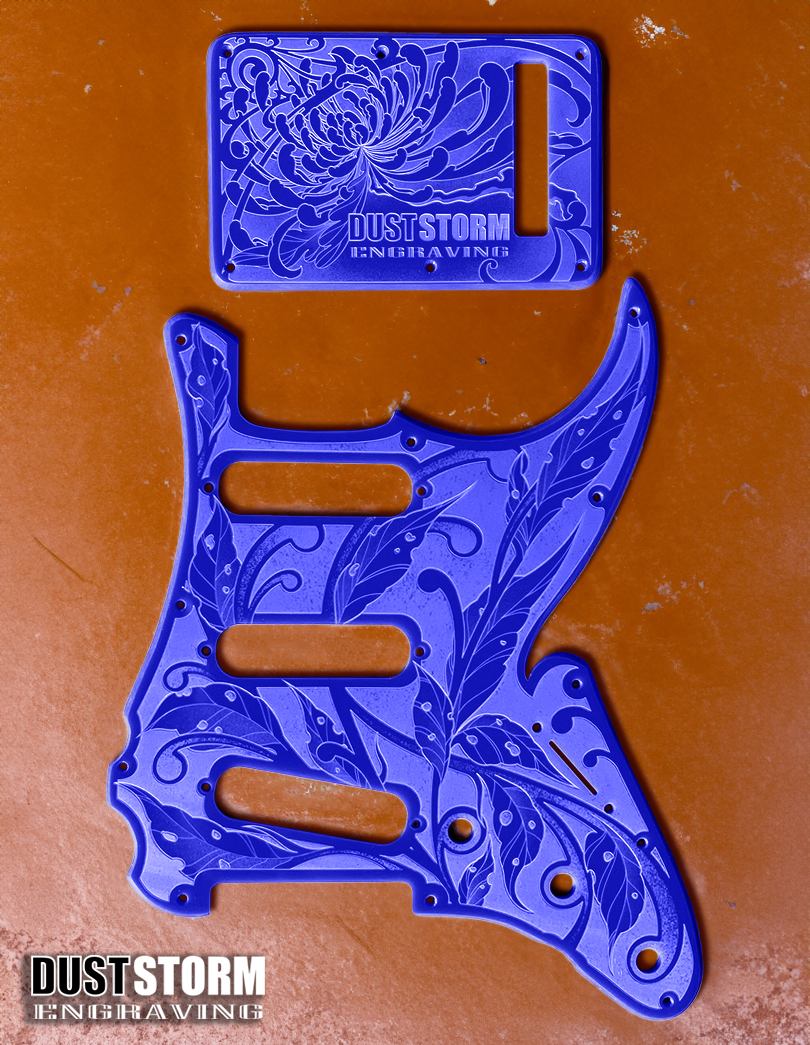 Engraved Pickguard & Free Tremolo Cover in Glossy Acrylic 10 Solid Color Choices Design #3 for Fender Stratocaster HSH, HSS, SSS Setups Available